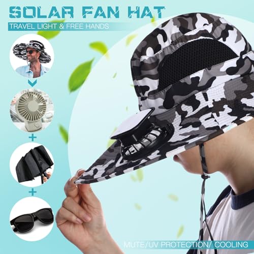 Berlune Sun Hat with 2 Solar Fan Wide Brim Fishing Bucket Hat USB & Solar for Men Women UPF 50+ Cooling for Fishing Beach - color: Black and White, size: 5.9 Inch Brim