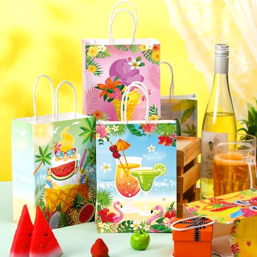 Kosiz 24 Pcs Hawaiian Party Favor Bags Summer Beach Luau Gift Goodie Paper Bags with Handle Aloha Tropical Treat Handbags Tiki Candy Pouch for Hawaii Luau Birthday Party Decoration Supplies - style: Summer