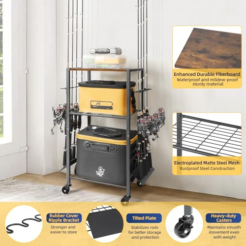 Olakee Fishing Rod Holders, Rolling Fishing Rod Rack for Garage & Boat, Tackle Box & Reel Holder Cart, Easy Assembly Fishing Gear Management System, Ideal Birthday Gift for Men Dad Anglers - color: 8 Rods,Carbonized Black