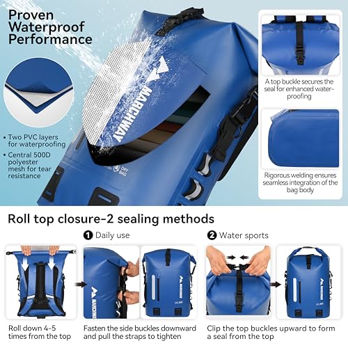 MARCHWAY Roll Top Waterproof Backpack, Floating Dry Bag 20L/30L/45L with Ergonomic Rectangular Base, Cushioned Back, Hip Strap for Hiking Camping Kayaking Travel (Blue, 20L) - color: Blue, size: 20L