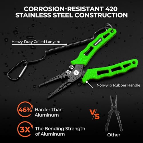 KastKing Cutthroat 7 inch Fishing Split Ring Pliers, 420 Stainless Steel Fishing Tools, Saltwater Resistant Fishing Gear, Tungsten Carbide Cutters - color: Green