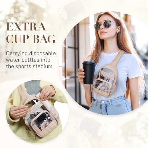 Missnine Clear Bag for Stadium Events Puffy Quilted Crossbody Purse PVC Sling Backpack for Sport Concert with Side Pocket - color: K-khaki[quilted Design]