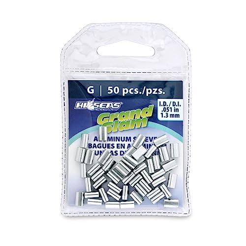 HI-SEAS Grand Slam Aluminum Fishing Line Crimp Sleeves - Retail Pack, Durable and Strong Crimps for Monofilament 40lb Test up to 600lb Test for Saltwater Fishing Leaders - style: 50 Pc/1.3 Mm Inside Diameter
