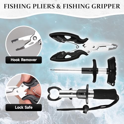 117Pcs Fishing Backpack with Tackle Boxes, Waterproof Fishing Tool Kit with Pliers, Fish Hook Remover, Lip Gripper Ideal Gift for Boys, Grandsons, Husband