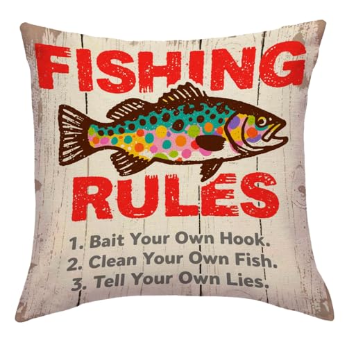 Rustic Fishing Throw Cushion Case 18x18 Inch with Fishing Rules Pillow Cover for Lake House Cabin Man Cave Couch Sofa Outdoor Funny Fish Decor Pillowcase (Beige Grey) - color: Beige Grey
