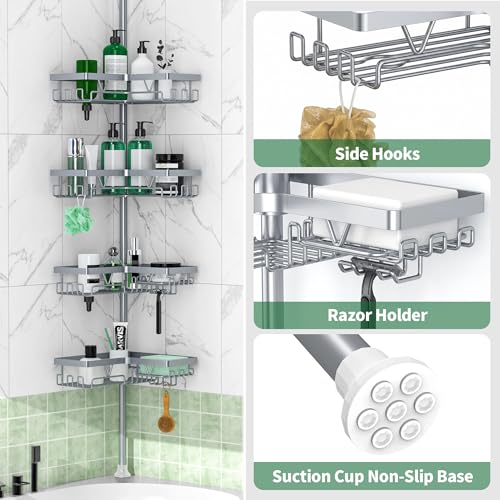 DAOYA Corner Shower Caddy Tension Pole, 4-Tier Rustproof Adjustable Bathroom Organizer for Renters, 25–114.2 Inch for Bathtub Shampoo Storage, Light Gray - color: Light Gray
