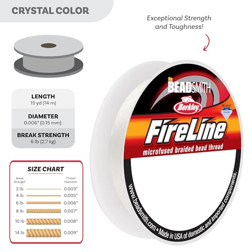 The Beadsmith Fireline by Berkley – Micro-Fused Braided Thread – 6lb. Test, .006”/.15mm Diameter, 15 Yard Spool, Crystal Color – Super Strong Stringing Material for Jewelry Making and Bead Weaving - color: Crystal, size: 6lb, .006”, 15 yard
