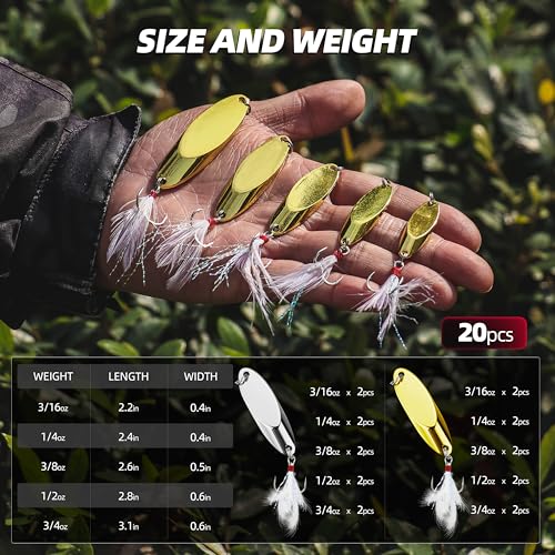 Jigging Spoon Fishing Lures 20/40PCS Kit – Metal Casting Spoon Lure Set with Treble Hooks, Mixed Sizes Spinner Baits for Saltwater & Freshwater Trout, Salmon, Bass - color: Silver, Gold, size: Mixed Size 20PCS
