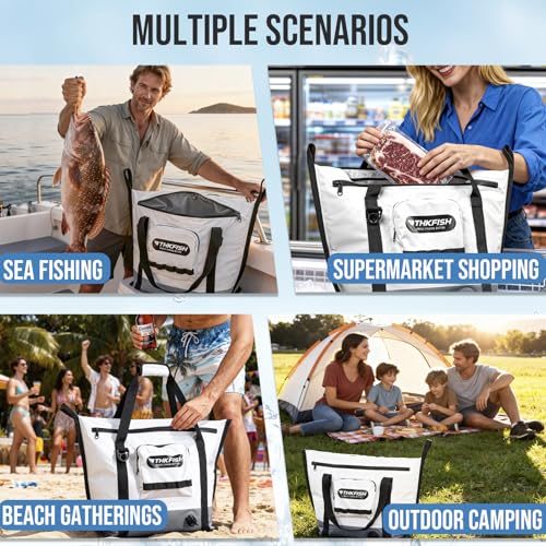THKFISH Insulated Fish Cooler Bag, 25x17.5in Portable Soft Cooler Bag for Caught Fish, Travel, Beach, Camping, Picnic, Lunch, Fishing, 24HR Cold Retention (White-Grey) - color: White-Grey-25x17.5x8.6"