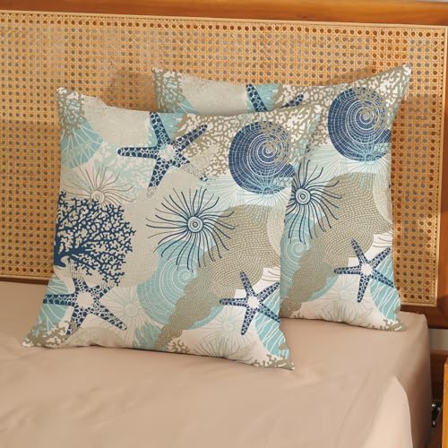 Nautical Coastal Pillow Covers 18x18 Inch Set of 2, Beach Themed Ocean Throw Pillows Starfish Seashell Decorations Summer Pillowcase Linen Outdoor Decor Farmhouse Cushion Case for Home Bedroom - color: Coastal 1, size: 18" x 18" (Pack of 2)