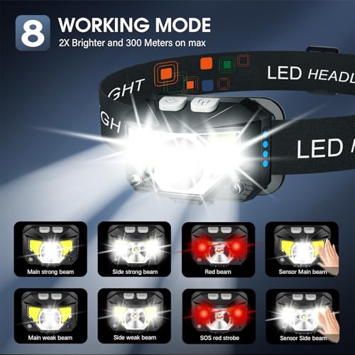 LHKNL Headlamp Flashlight,4-Pack Lumen Ultra Bright LED Rechargeable Headlight with White Red Light,Waterproof Motion Sensor Head Lamp,8 Mode for Outdoor Camping Running Cycling Fishing - color: Black Grey, size: 4 Packs
