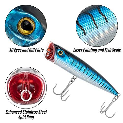 Dr.Fish Popper Saltwater Fishing Lures, 4/5.5 Inches GT Popper VMC Treble Hooks Surf Fishing Lures for Bass Striper Pike Salmon Offshore - color: Blue Mackerel-1 Pack, size: 5.5"