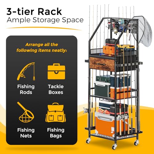 Fishing Rod Holder Organizer with Fabric Drawer & Pegboard, Space-Saving Garage Storage for 12 Rods, Reels, Tackle Boxes, Portable Fishing Gear Cart for Easy Access & Mobility