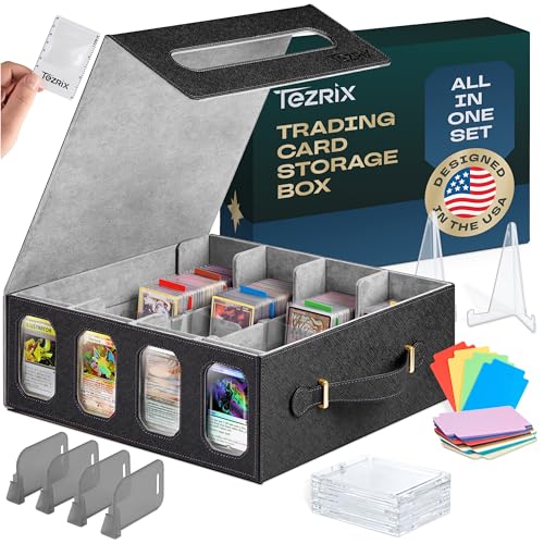 4-Row Mtg Trading Card Storage Box With Display Windows - Magnifier Ruler, 2 Display Stands, 6 Cardholders - 3000+ Card Case With Magnetic Closure, Sports TCG Card Organizer - Gray Card Boxes - color: Black, Gray (4 Row)