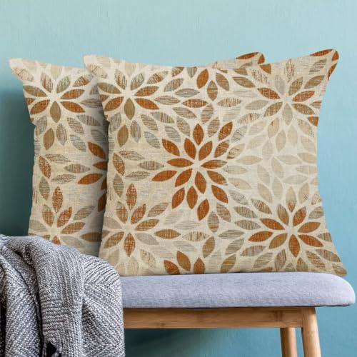 AEIOAE Dahlia Pillow Covers 18 x 18 Inch Set of 2, Burnt Orange Rustic Geometric Flower Decorative Throw Pillow Covers Farmhouse Floral Cushion Covers for Couch Home Sofa Outdoor Decor - color: Burnt Orange Floral, size: 18" x 18" (Pack of 1)