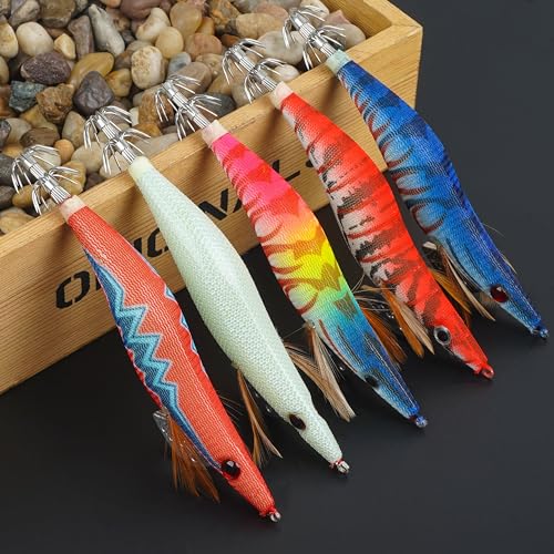 Glow Squid Jig Saltwater Squid Lures, 5/10pcs Luminous Squid Jig Hooks Shrimp Prawn Lures Fluorescent Cuttlefish Sleeve Octopus Jigs Artificial Baits Night Fishing Tackle Size 2.5# 3# 3.5# - size: 3.0#-10pcs