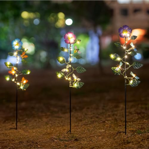 Set of 3 Solar Garden Lights,23'' H Flowers＆Insect Decorative Garden Stakes,Waterproof Metal Spring Yard Art Decor,Solar Stake Lights for Outside,Lawn,Yard,Patio - color: Flowers-3Pack