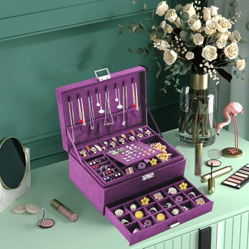 QBestry 3-Layer Jewelry Box for Women with Lock and Key & Drawer, Large Jewelry Organizer with 8 Necklace Hooks & 56 Earring Holes, Purple Velvet Jewelry Storage Box for Necklace Earring Ring Bracelet - color: Purple