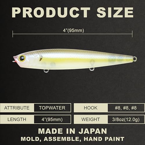 LUCKY CRAFT Gunfish 95 3 Hook Freshwater Fishing Lures and Bait for Bass Fish, Topwater Fish Line, Surface Bait with Treble Hooks, Fishing Gear for Tackle Box - color: 250 Chartreuse Shad