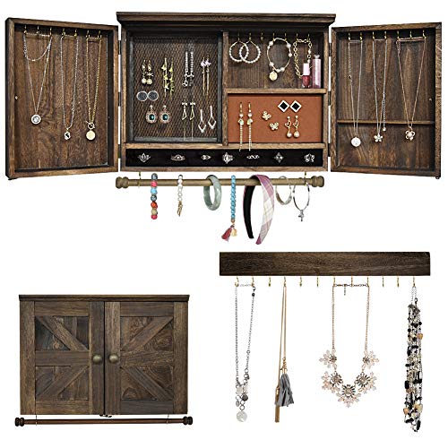 Rustic Wall Mounted Jewelry Organizer,Vintage Wooden Hanging Jewelry Holder Box with Barndoor Decor for Necklaces, Earings, Bracelets, Rings, Accessories. Includes Hook Organizer - color: RUSTIC BROWN
