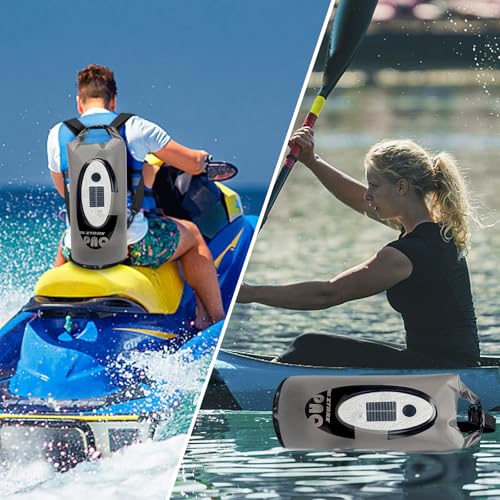 Qoolife Dry Bag Waterproof with Solar Bluetooth Speaker & Light - 10L/20L Roll Top Dry Sack Keeps Gear Dry for Men Women Kayaking, Beach, Rafting, Boating, Hiking, Camping and Fishing - color: Grey with BT Speaker, size: 10L