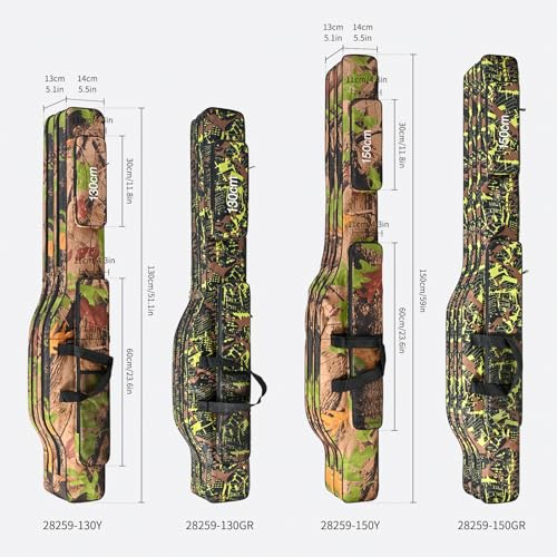 LEOFISHING Portable Folding Fishing Rod Carrier Reel Case Bag 4.27ft/ 4.92ft Oxford Fish Pole Tools Soft Case Pro Gear Tackle Storage Bag for Shoulders Handles (Green Camouflage, 150cm/4.92ft)