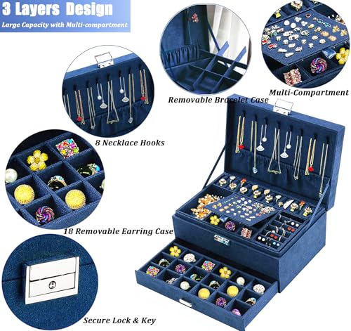 QBestry 3-Layer Jewelry Box for Women with Lock and Key & Drawer, Large Jewelry Organizer with 8 Necklace Hooks & 56 Earring Holes, Navy Velvet Jewelry Storage Box for Necklaces Earrings Ring Bracelet - color: Deep Blue