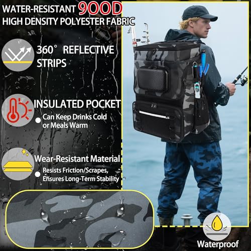 Fishing Backpack with Rod Holder, Large 50L Tackle Bag Water Resistant Tackle Backpack Heavy Duty Fishing Bag Gift for Men Woman - color: Camo Gray without Tackle Boxes or Fishing Tools
