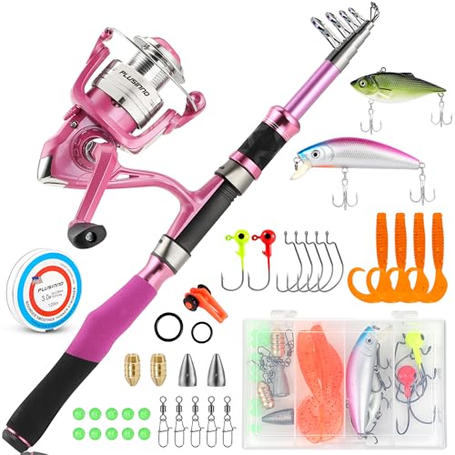 Fishing Rod and Reel Combos, Fishing Gear Gifts for Women with Spinning Reel, Lures, Line, Pink Ladies Telescopic Pole Kit Designed for Girls Adults by PLUSINNO - size: 6.86 ft - Complete Kit