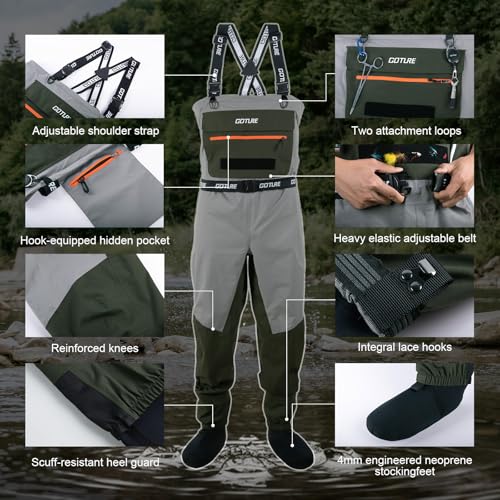 Goture 5-Layer Waterproof Stocking Foot Waders, Breathable Fly Fishing Waders for Men Women, Multiple Storage Pockets 5 Sizes - color: Green - Gift Box Pack, size: XX-Large