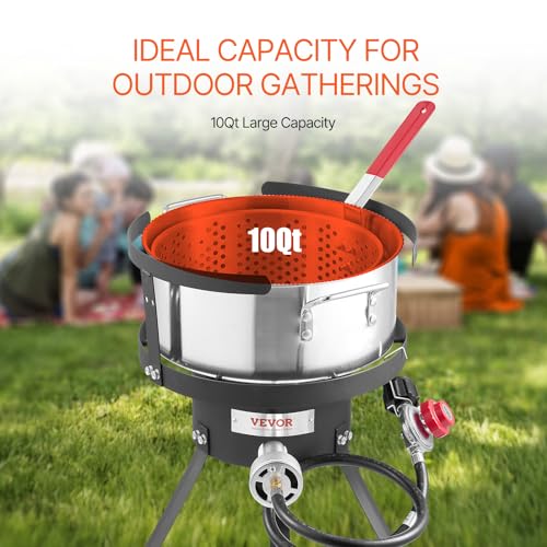 VEVOR 10 Qt Fish and Wing Fryer, Aluminum Propane Fish Fryer Kit, Outdoor Deep Fryer Seafood Pot with Thermometer, Strainer Basket, and 54,000 BTUs Propane Burners, for Outdoor and Backyard Cooking - style: 10-qt