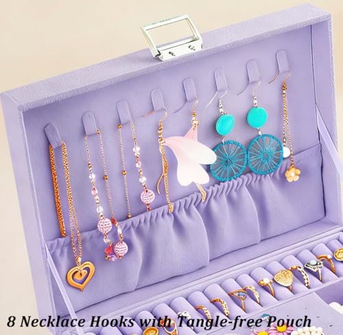 QBestry 3-Layer Jewelry Box for Girls & Teens with Lock and Key, Large Jewelry Organizer with 8 Necklace Hooks & 56 Earring Holes, Violet Velvet Jewelry Storage Box for Necklace Earring Ring Bracelet - color: Violet