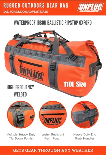 UNPLUG Ultimate Adventure | 1680D Heavy Duty Waterproof Bag | Large Travel Bag which can be Used for Camping, Motorcycling, Boating, or Hunting|110L Adventure Orange - color: Adventure Orange, size: 110L