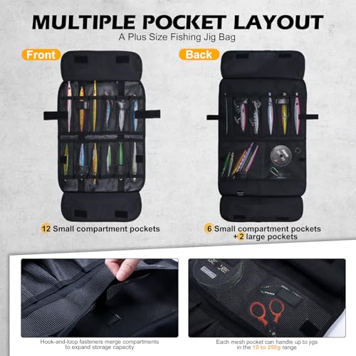 Goture Fishing Jig Bag,20 Mesh Pockets Portable Water-Resistant 600D PU Fishinig Lure Bag Saltwater Freshwater Suitable For Max 10" Length Vertical Jig Slow Pitch Jigging Bait Storage (16.92"x11.81") - color: B:16.92”x11.81”