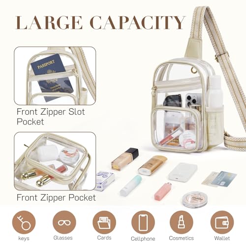 Missnine Clear Bag for Stadium Events Clear Sling Bag Fanny Pack Crossbody Purse for Sport Concert with Side Mesh Pocket - color: D-khaki[side Pocket]