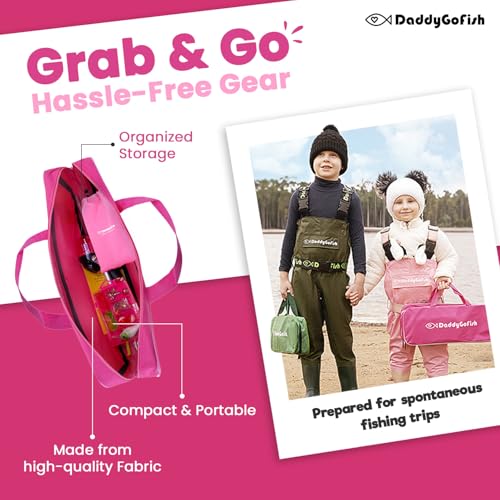 DaddyGoFish Kids Fishing Pole - Rod Reel Combo Tackle Box Starter Set - First Year Small Dock Gear Kit for Boys Girls Toddler Youth Age Beginner Little Children Junior Anglers - color: Pink (Complete Set), size: 5ft