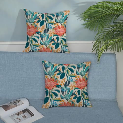 Boho Outdoor Pillow Covers 16x16 Inch 2 Pcs Aqua Teal Coral Colorful Leaf Floral Decor Throw Pillows Vintage Flower Botanical Seasonal Decoration Pillowcase Linen Cushion Cover for Couch Sofa - color: Boho Teal Floral, size: 16" x 16" (Pack of 2)