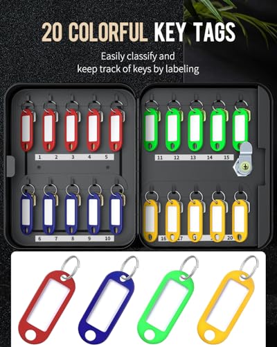 Uniclife 20 Position Key Cabinet with Key Lock Wall Mounted Black Security Storage Box Steel Key Organizer with Colorful Key Tag Labels Stickers and Hooks - color: Black, size: 20-Key