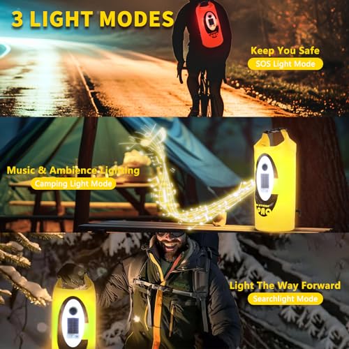 FELICON Waterproof Dry Bag Backpack with Bluetooth Speaker, 10L Roll Top Floating Sack, Solar & USB-C Powered Emergency Charger, RGB Light, Heavy Duty PVC for Kayaking Camping, Yellow - color: Yellow, size: 10L