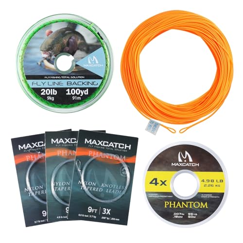 Maxcatch Fly Fishing Line Combo Kit, Weight Forward Floating Line with Two Welded Loops, Backing Line, Tapered Leader and Tippet - color: Orange, size: WF4F-100FT