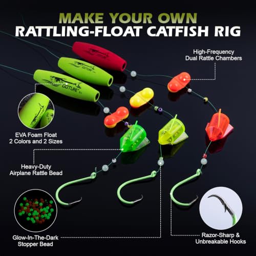 Goture Catfish Rig Making Kit,274pcs/300pcs Catfishing Tackle with Luminous Fishing Hook Swivel Sinker Weights Rattle Float Bobber Stoppers,Catfish Rigs Accessories with 3600 Tackle Box,Gifts for Men - color: A1:274pcs Catfishing Tackle