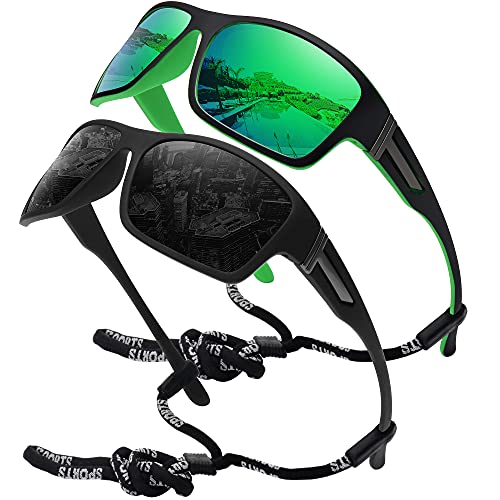 STORYCOAST Polarized Sports Sunglasses for Men Women Unbreakable Frame Cycling Fishing Driving - color: 2pack Black+green