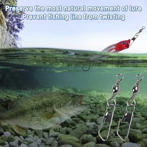 SILANON Fishing Barrel Swivels Snaps, Barrel Swivel with Safety Snap Stainless Steel Brass Swivels Fishing Tackle Line Connector High Strength Solid Rings for Saltwater Freshwater - size: 6#-31lb-120pcs