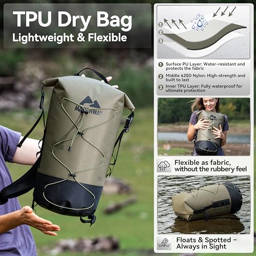 MARCHWAY Floating Roll Top Dry Bag, Flexible Lightweight TPU Waterproof Backpack 20L/30L/40L with Padded Straps for Boating, Kayaking, Swimming, Hiking, Beach (Green, 40L) - color: Green, size: 40L