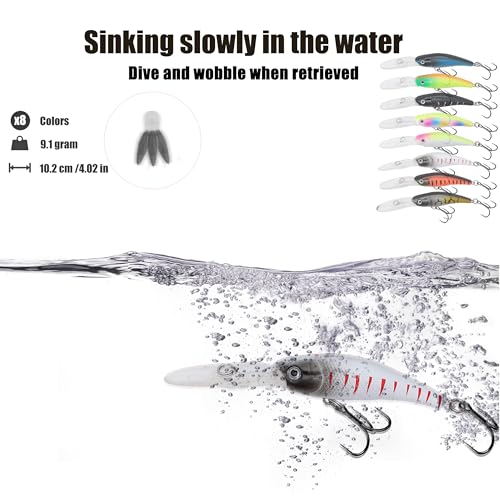 EXAURAFELIS Hard Jerkbait Kit Fishing Lures Set Including Minnow Popper Crank Baits with Hooks for Saltwater Freshwater Trout Bass Salmon Fishing Shallow Deep Diving Flat Side Crankbaits