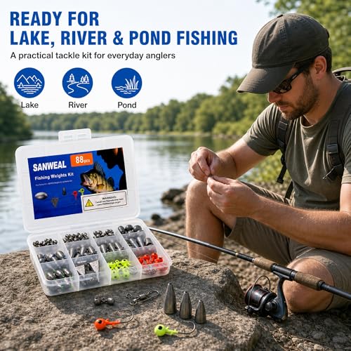 SANWEAL Fishing Weights Sinkers Kit, 88PCS Freshwater Fishing Tackle Starter Kit with Bullet Sinkers, Split Shot Weights, Pyramid Sinkers, Jig Head Hooks & Swivels for Bass Trout Panfish - style: Pro Kit 88 Pcs/15 Types