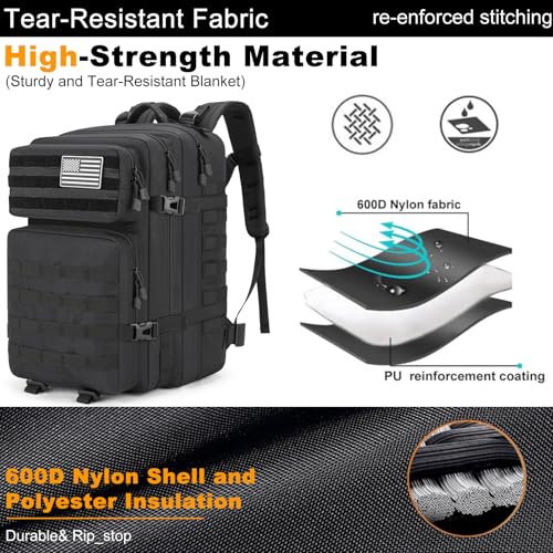 Tactical Backpack 45L Army Military Rucksack, Water Resistant MOLLE EDC Pack, Large 3 Day Bug Out Bag for Men & Women, Durable Outdoor Gear for Hiking, Camping, Hunting, Fishing,Travel (Black) - color: Black