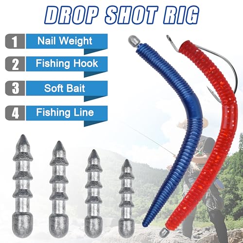 Fishing Nail Weights Kit, 70pcs Wacky Worm Weights Insert Sinkers Fishing Weights Tackle for Plastic Worms Lures Nail Sinker Weights for Wacky Rig Neko Rig Bass Fishing 4 Sizes
