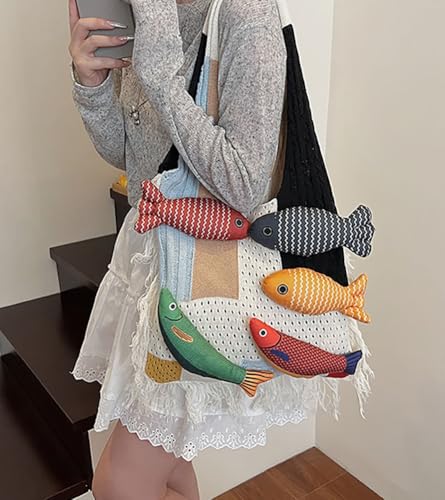 Knitted Beach Shoulder Bag for Women 3D Fish Bohemian Tote Versatile Purse Soft Hobo Handbag for Summer Vacation 2026 - color: A White