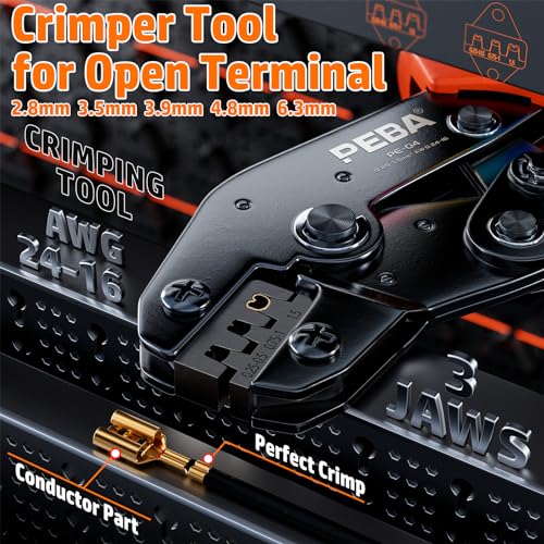 PEBA Open Barrel Crimping Tool Kit - 20 Sizes Spade Connectors Open Terminals & AWG 24-14 Ratcheting Wire Crimper, 2.8/3.9/4.8/6.3mm Non-Insulated Copper Terminals for Car Audio Speaker, Auto Wiring